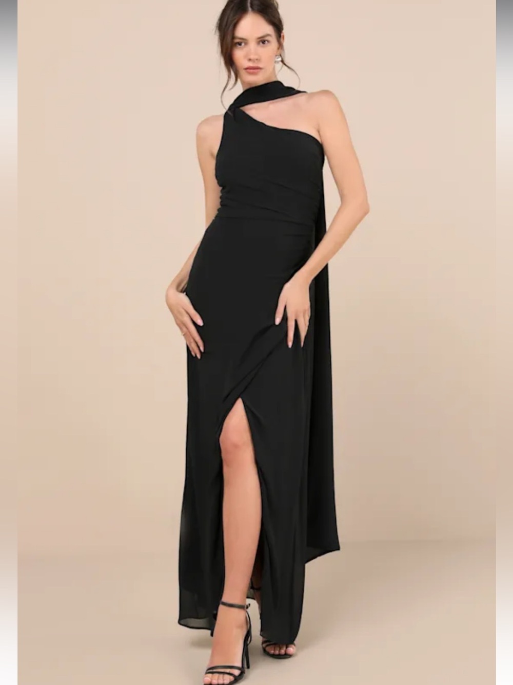 New Lulus Adeline Black One-Shoulder Evening Gown with Draped Sash Sz Medium - Picture 2 of 8